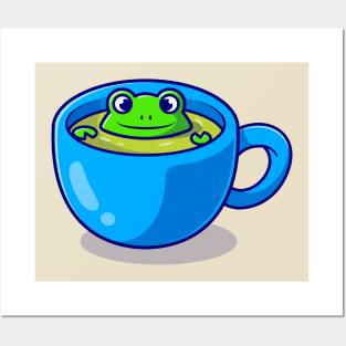 Cute Frog In Green Tea Cup Cartoon Posters and Art